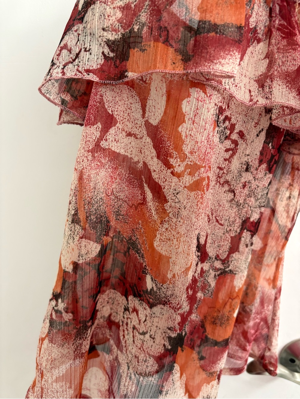 Women’s Floral Ruffle Spaghetti Strap sheer Top - Rust Pink - Picture 3 of 4